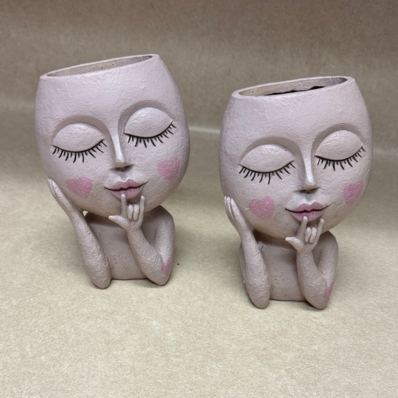 Other - Ceramic Face Planter Pair in Soft Pink with Heart Cheeks good condition